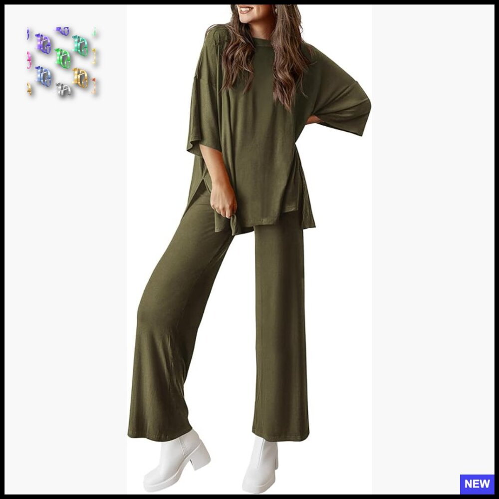 Two Piece Lounge Set Knit Tracksuit Wide Leg Pants Comfortable Travel Outfit